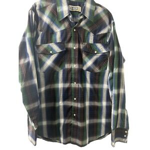 HB Company Mens Western Snap Shirt Large Blue Green Plaid Long Sleeve Pearl Snap